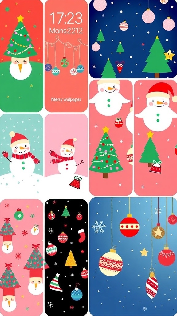 A selection of adorable Christmas wallpapers for iPhone featuring snowmen, Christmas trees, and ornaments.